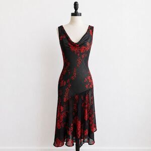 Y2K Whimsygoth Vampire Dress Black Red Floral Mesh Slip Connected Size Small